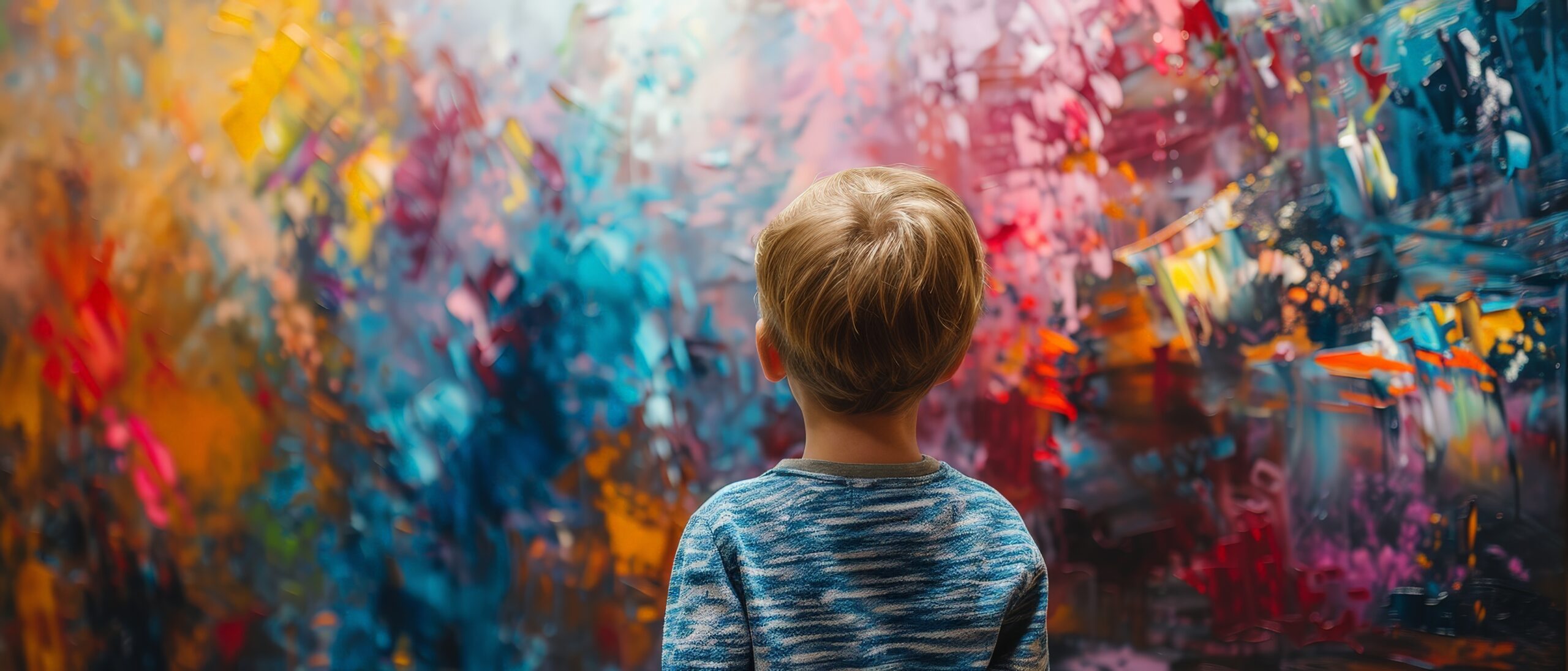 A child in a blue shirt, seen from behind, admires a vibrant, colorful abstract painting in a gallery or art studio.