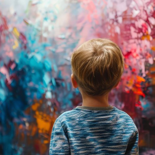 A child in a blue shirt, seen from behind, admires a vibrant, colorful abstract painting in a gallery or art studio.